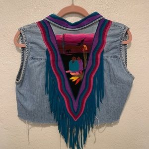 VINTAGE Festival Denim Crop Top with Suede Fringe